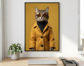 Cat Sunglasses Wall Art, Mustard Coat Tabby Printable Digital Download