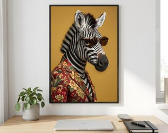 Zebra Wall Art, Floral Shirt Animal Portrait, Sunglasses Safari Printable Digital Download