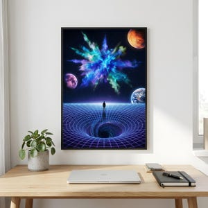 May include: A framed wall art print featuring a silhouette of a person standing on a blue glowing grid that curves into a black hole. Above, a vibrant blue and green nebula cloud is surrounded by three planets against a dark starry space background.