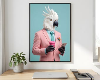 Cockatoo Wall Art, Pink Suit Bird Portrait, Coffee Office Printable Digital Download