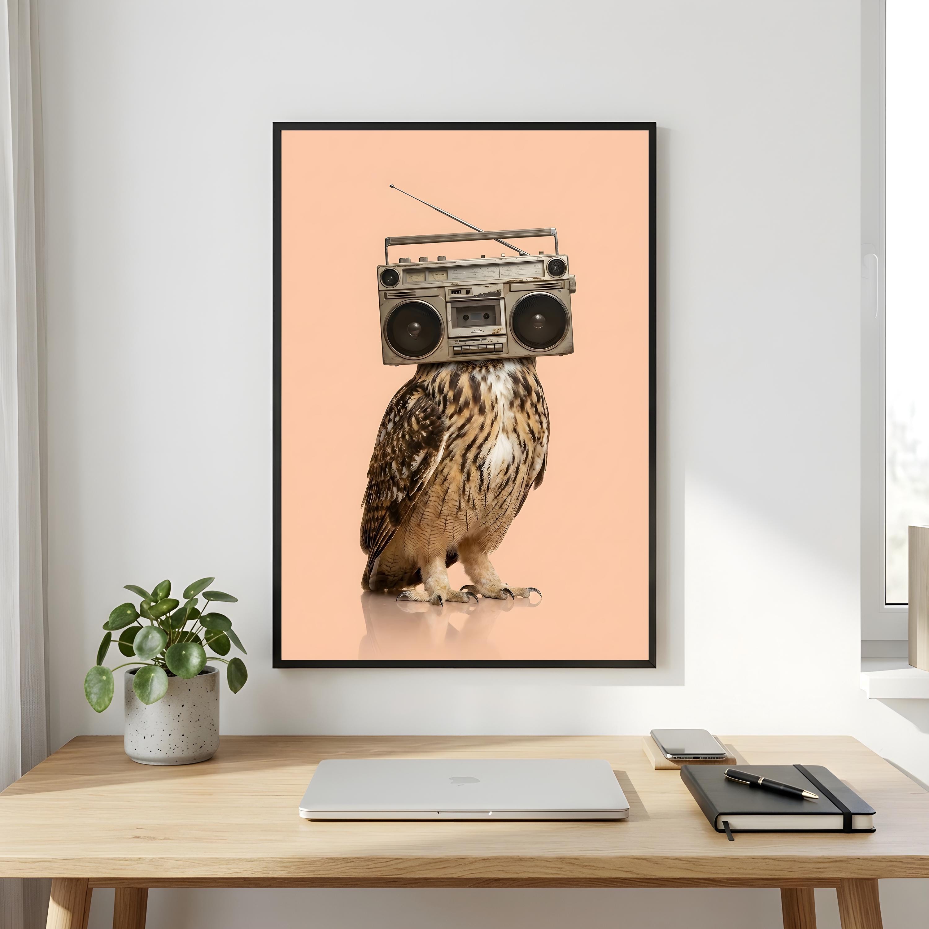 Owl Boombox Wall Art, Surreal Retro Music Printable, Quirky Animal Decor Digital Download