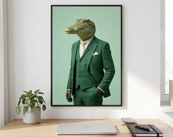 Crocodile Wall Art, Green Suit Reptile Portrait, Gentleman Printable Digital Download