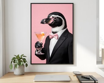 Penguin Tuxedo Wall Art, Pink Bow Tie Martini Printable Digital Download