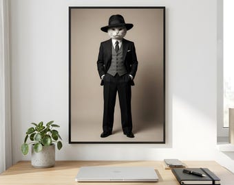 Cat Wall Art, Black Pinstripe Suit Portrait, Fedora Gentleman Printable Digital Download