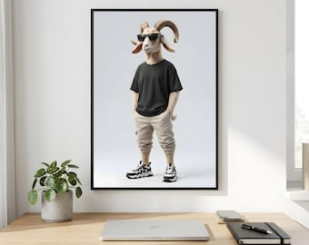 Ram Wall Art, Streetwear Goat Portrait, Sunglasses Sneakers Printable Digital Download