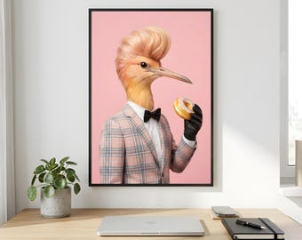 Hoopoe Bird Wall Art, Pink Plaid Suit Portrait, Donut Gentleman Printable Digital Download