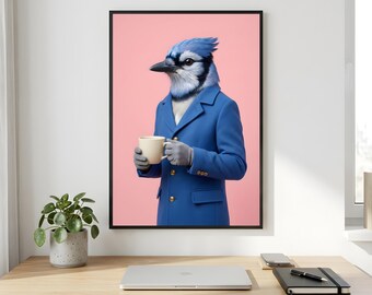 Blue Jay Coffee Wall Art, Blue Suit Bird Printable Digital Download
