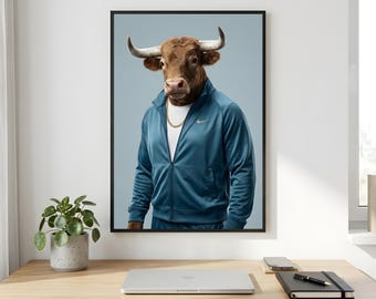 Bull Wall Art, Blue Tracksuit Animal Portrait, Urban Sports Printable Digital Download