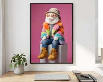Cat Wall Art, Rainbow Fur Coat Portrait, Pink Sunglasses Printable Digital Download
