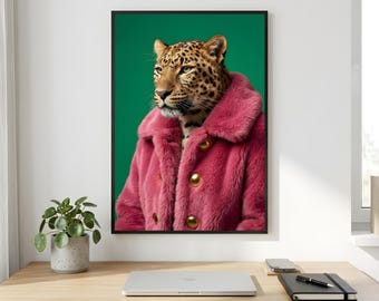 Leopard Wall Art, Pink Fur Coat Big Cat Portrait, Emerald Printable Digital Download