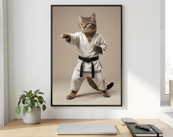 Karate Cat Wall Art, Black Belt Martial Arts Printable Digital Download