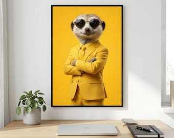 Meerkat Wall Art, Yellow Suit Animal Portrait, Round Sunglasses Printable Digital Download