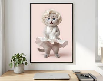 White Kitten Glamour Wall Art, Blonde Curl Dress Printable Digital Download