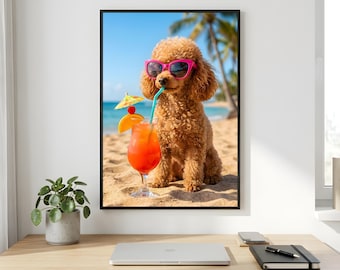 Poodle Wall Art, Beach Cocktail Dog Portrait, Pink Sunglasses Printable Digital Download