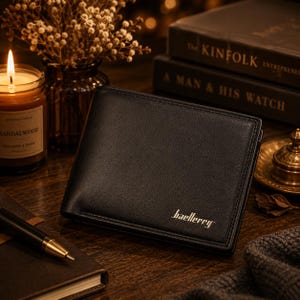 May include: A black bi-fold wallet featuring a smooth texture and the brand name baellerry embossed in gold-toned lettering on the bottom right corner. The wallet has clean, straight stitching along the edges and a rectangular, structured design.