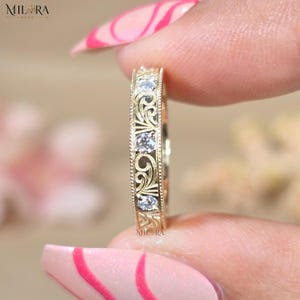 Art Deco Wedding Band, Vintage Engraved Scrollwork Ring, Antique Style Diamond Accent Band