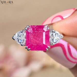 5CT Asscher Cut Pink Ruby & Heart Cut Moissanite Three Stone Engagement Ring, 10k Gold Ring, Anniversary Gift