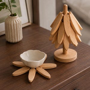 Wooden Tree Trivet Set | Foldable Pot Coasters | Heat Resistant Table Mat | Bamboo Kitchen Decor | Rustic Hot Pot Stand