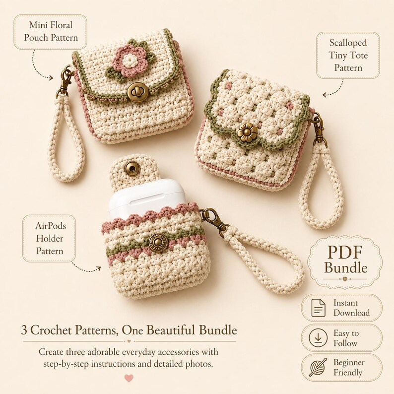 Three-pattern crochet bundle showing a floral mini pouch, scalloped tiny tote and fitted earbud holder with labelled callouts, cream yarn, sage edging and dusty rose accents.
