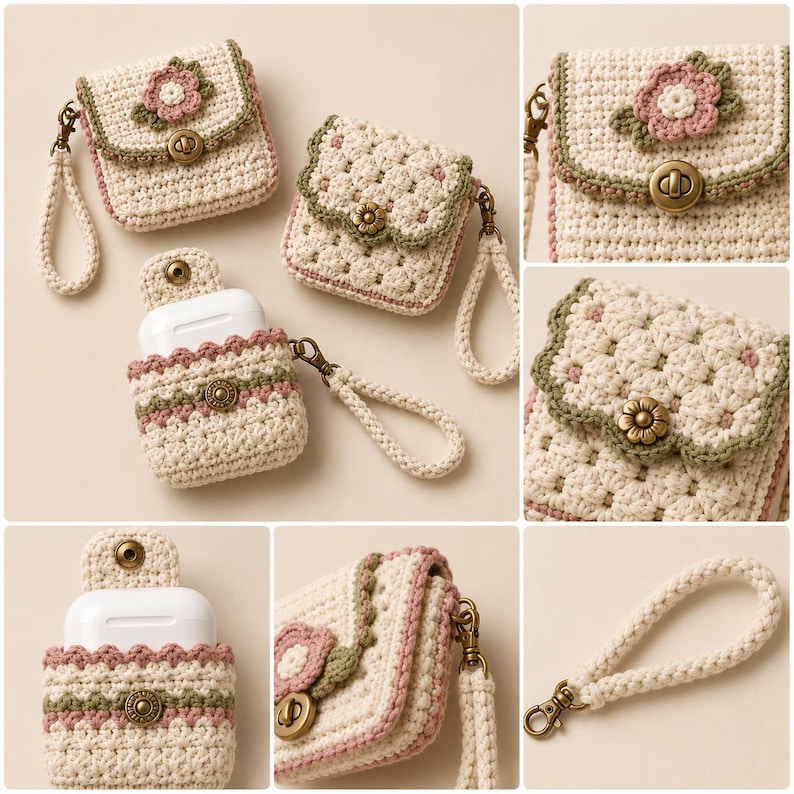 May include: A collection of cream-colored crochet cases for wireless earbuds, featuring pink flower appliqu&eacute;s, green trim, and antique brass-toned metal hardware. Each case includes a matching detachable wrist strap and a secure twist-lock closure.