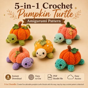 May include: A 5-in-1 crochet amigurumi pattern for pumpkin turtles. The image displays five distinct crocheted turtles with pumpkin-shaped shells in orange, pink, and yellow, featuring green stems and leaves, with text reading 5-in-1 Crochet Pumpkin Turtle Amigurumi Pattern.