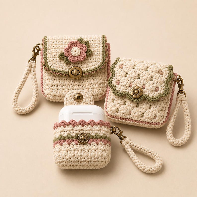 Front-facing studio photograph of two crochet mini pouches and one fitted AirPods holder arranged on a warm beige background with visible flower applique, scalloped stitches and wrist straps.