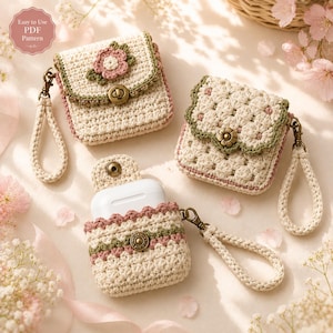 Spring-themed flat lay of the cream, blush and sage crochet pouch collection surrounded by cherry blossoms, baby’s breath, pastel ribbon and soft natural sunlight.