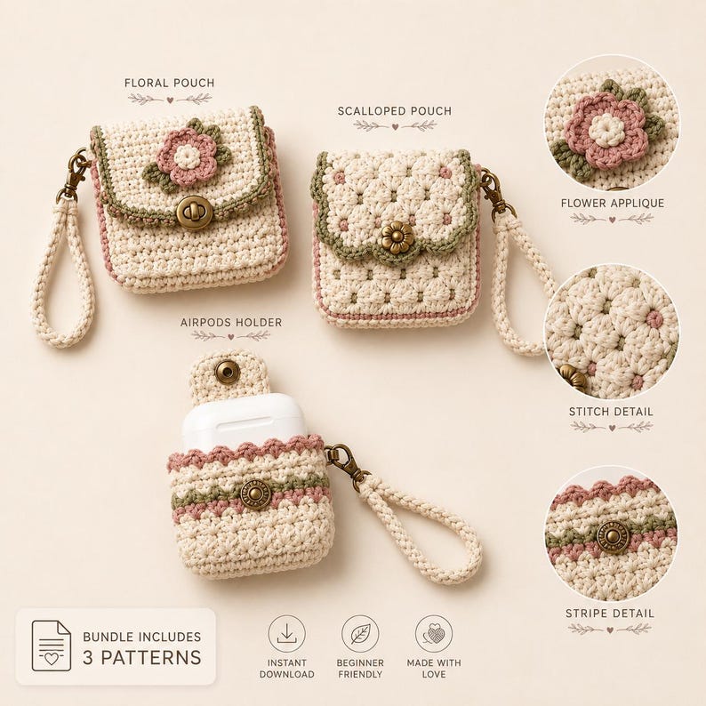 Overhead flat lay of a three-pattern crochet accessory collection with detail callouts for the flower applique, scalloped pouch texture, decorative colour bands and antique-brass closures.