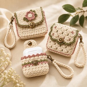 May include: Three cream-colored crochet earbud cases with wrist straps. Two cases are closed with bronze-toned metal clasps, one featuring a pink flower appliqu&eacute;. The third case is open, revealing a white earbud charging case inside.