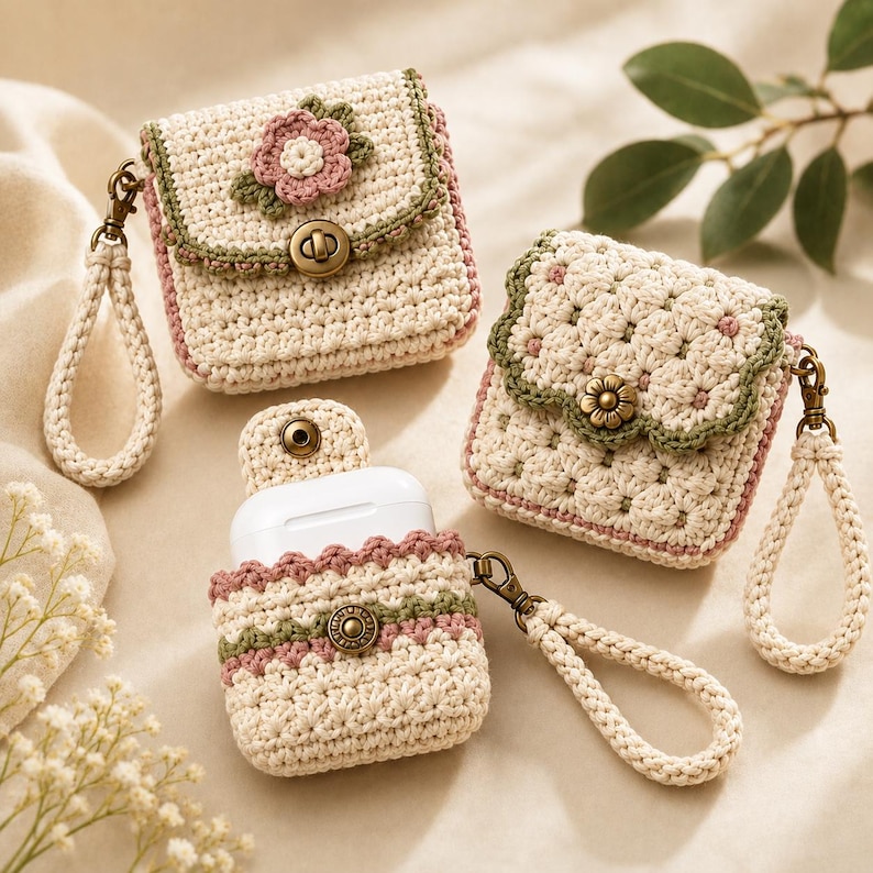 May include: Three cream-colored crochet earbud cases with wrist straps. Two cases are closed with bronze-toned metal clasps, one featuring a pink flower appliqu&eacute;. The third case is open, revealing a white earbud charging case inside.