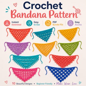 Op de afbeelding: Een digitale haakpatroongids voor bandana's met 10 kleurrijke driehoekige hoofddoeken in verschillende steektexturen, waaronder oranje, groenblauw, geel, paars, goud, groen, roze en blauw. De tekst luidt Crochet Bandana Pattern.