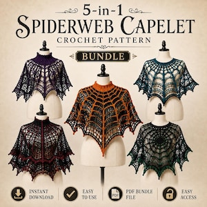 May include: A 5-in-1 spiderweb capelet crochet pattern bundle featuring five distinct capelets displayed on mannequins. The designs include purple, orange and black, teal, solid black, and black with red trim, all showcasing intricate web-like patterns.