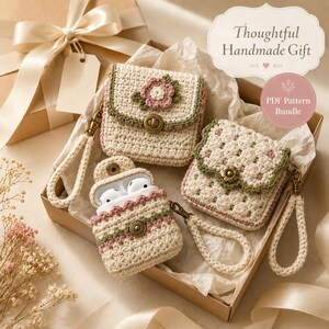 Gift-ready crochet pattern presentation with three matching mini accessories arranged in a kraft box with ivory tissue, satin ribbon, dried flowers and a PDF pattern bundle badge.