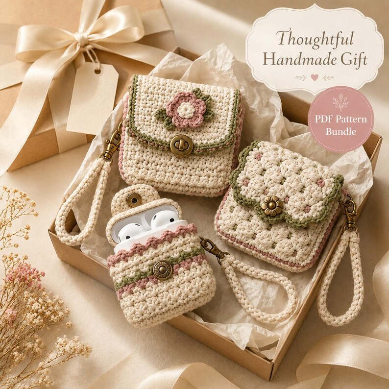 Gift-ready crochet pattern presentation with three matching mini accessories arranged in a kraft box with ivory tissue, satin ribbon, dried flowers and a PDF pattern bundle badge.