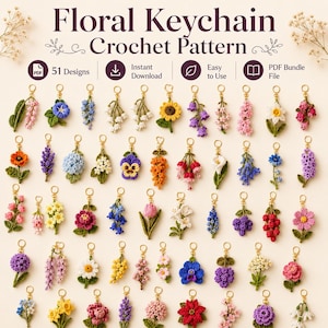 Puede incluir: Un documento digital titulado Floral Keychain Crochet Pattern que presenta 51 diseños. La imagen muestra una colección de varios llaveros de flores tejidos a ganchillo de colores, cada uno con un anillo de metal dorado, en una cuadrícula.