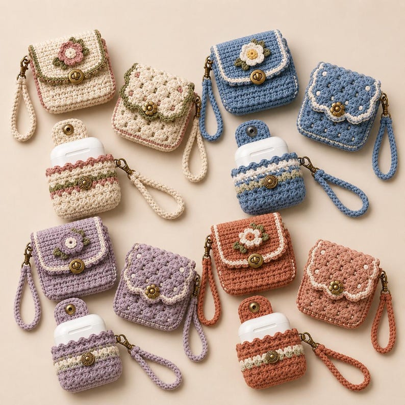 May include: A collection of twelve crochet cases for wireless earbuds, featuring various colors including cream, blue, purple, and terracotta. Each case has a flap with a flower applique, a metal snap closure, and a matching wrist strap.