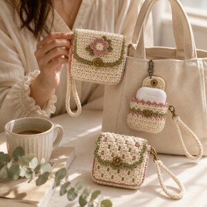Lifestyle scene with a model holding the floral crochet mini pouch while the matching earbud holder hangs from a neutral tote and the scalloped pouch rests beside a coffee cup.