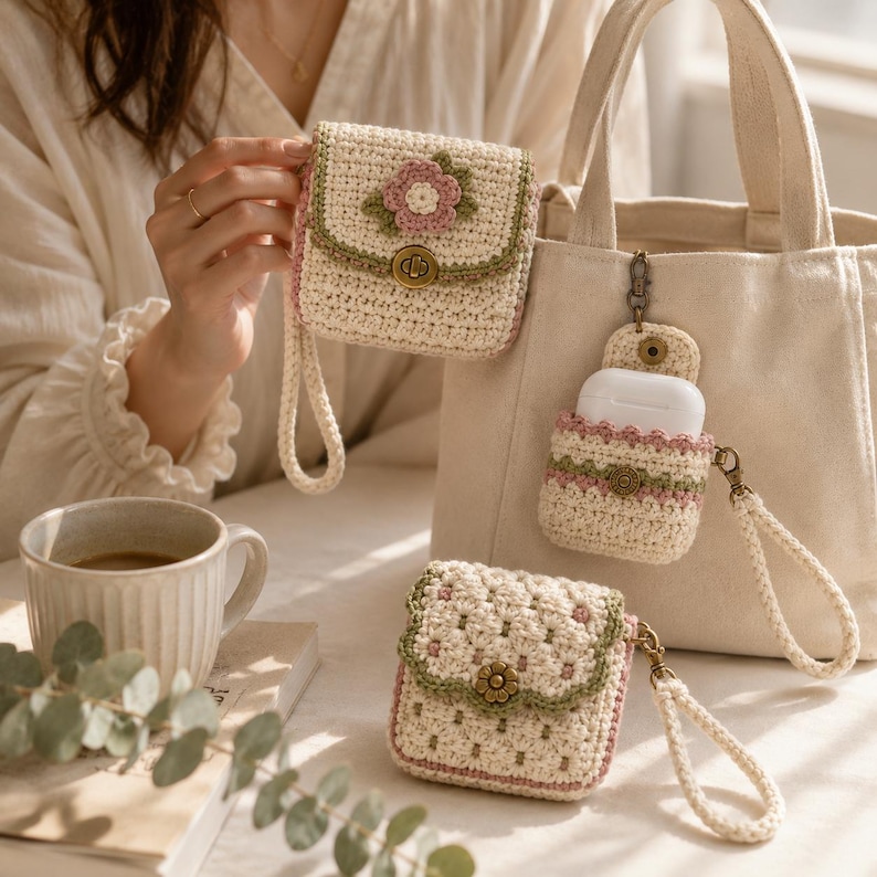 Lifestyle scene with a model holding the floral crochet mini pouch while the matching earbud holder hangs from a neutral tote and the scalloped pouch rests beside a coffee cup.