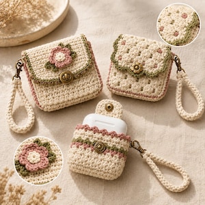 Angled product display of the floral crochet pouch, textured scalloped pouch and earbud sleeve on neutral linen with enlarged close-ups of the flower applique and clustered stitches.