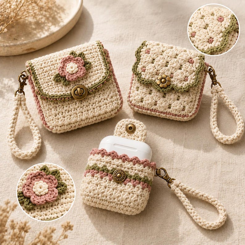 Angled product display of the floral crochet pouch, textured scalloped pouch and earbud sleeve on neutral linen with enlarged close-ups of the flower applique and clustered stitches.