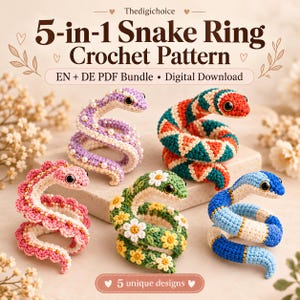May include: A digital crochet pattern for a 5-in-1 snake ring. The image displays five crocheted snakes in purple with pearls, red and green, pink with gold beads, green with flowers, and blue and white. Text reads: Thedigichoice 5-in-1 Snake Ring Crochet Pattern EN + DE PDF Bundle Digital Download 5 unique designs.