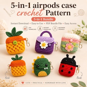 Op de afbeelding: Een 5-in-1 haakpatroonbundel voor airpods-hoesjes met zes ontwerpen: een ananas, een paarse handtas, een bloemenhoesje, een tweede ananas, een groene dinosaurus en een rood lieveheersbeestje. Elk hoesje heeft een metalen karabijnhaak.