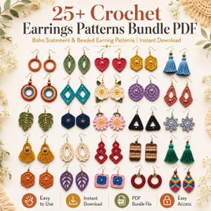 25 Crochet Earring Patterns PDF Bundle | Boho Jewelry, Flower, Hoop, Tassel & Beaded Earrings | Instant Digital Download | DIY Jewelry Guide