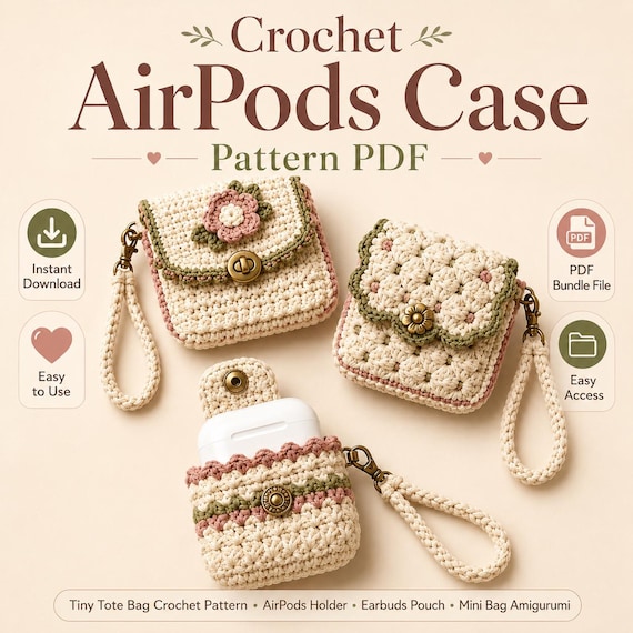 Crochet AirPods Case Pattern PDF Bundle | 3 Mini Pouch Patterns | Tiny Tote, Earbud Holder & Bag Charm Tutorial | Digital Download, US Terms