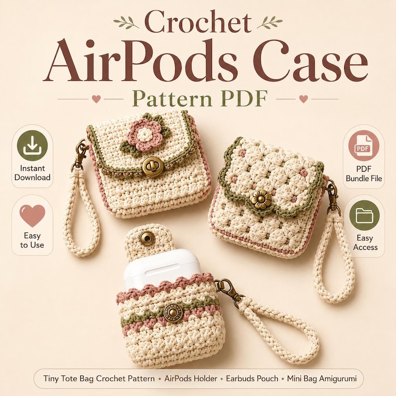 Etsy thumbnail for a Crochet AirPods Case Pattern PDF bundle showing three cream crochet accessories with dusty pink flowers, sage trim, brass closures and instant-download feature icons.
