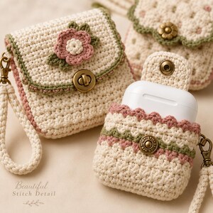 Macro craftsmanship view of a cream crochet floral pouch and AirPods sleeve highlighting precise stitches, dusty rose scallops, sage colourwork, button details and braided wrist straps.
