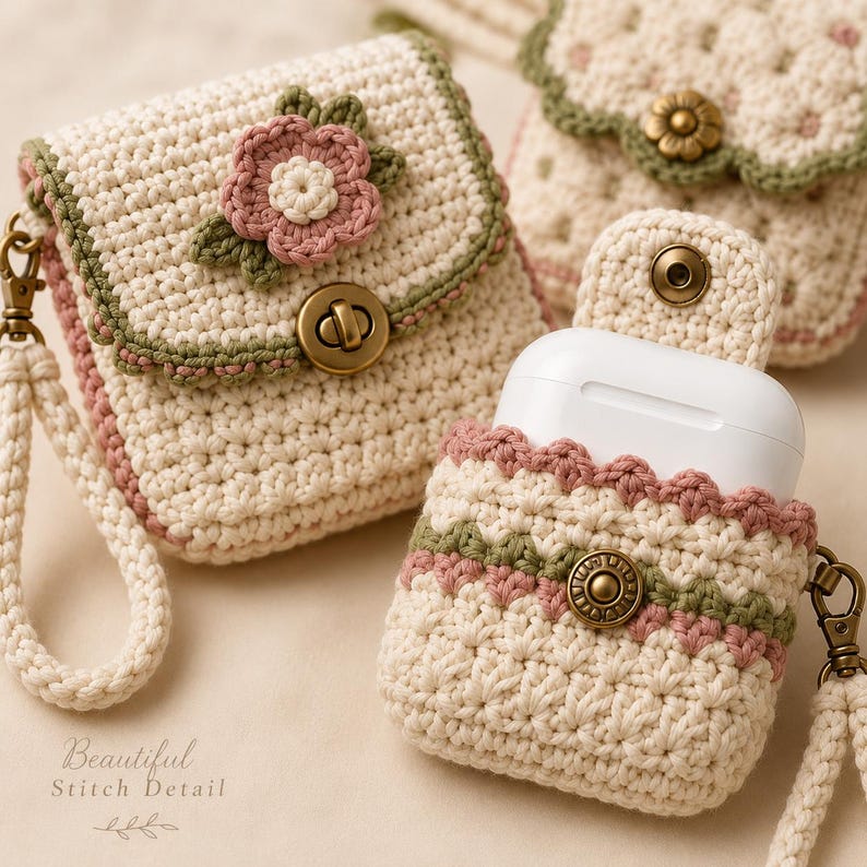 Macro craftsmanship view of a cream crochet floral pouch and AirPods sleeve highlighting precise stitches, dusty rose scallops, sage colourwork, button details and braided wrist straps.