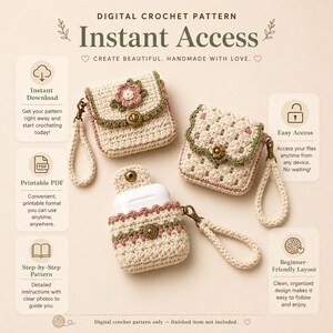 Digital crochet pattern information image showing the three mini pouch designs with icons for instant download, printable PDF, step-by-step instructions, easy access and beginner-friendly layout.