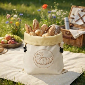 May include: A cream-colored canvas bread bag with a rolled-down top edge and black side buckles. The front features a circular brown line drawing of a croissant. The bag is filled with various types of crusty artisan bread loaves and rolls.
