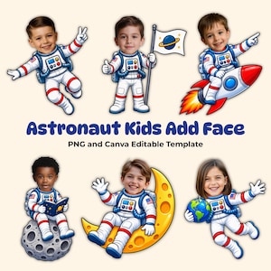 May include: A digital graphic set featuring six cartoon-style children with realistic faces wearing white and blue astronaut suits in various poses, including floating, holding a flag, riding a rocket, reading on a moon, and holding a globe.